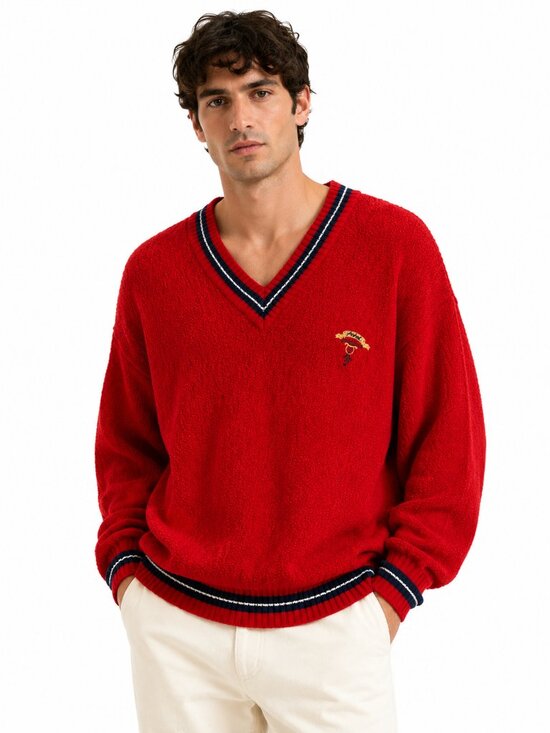 Point (Made in Italy) Other - Vintage Italian Point Red Bouclé Tennis Cricket V-Neck Sweater